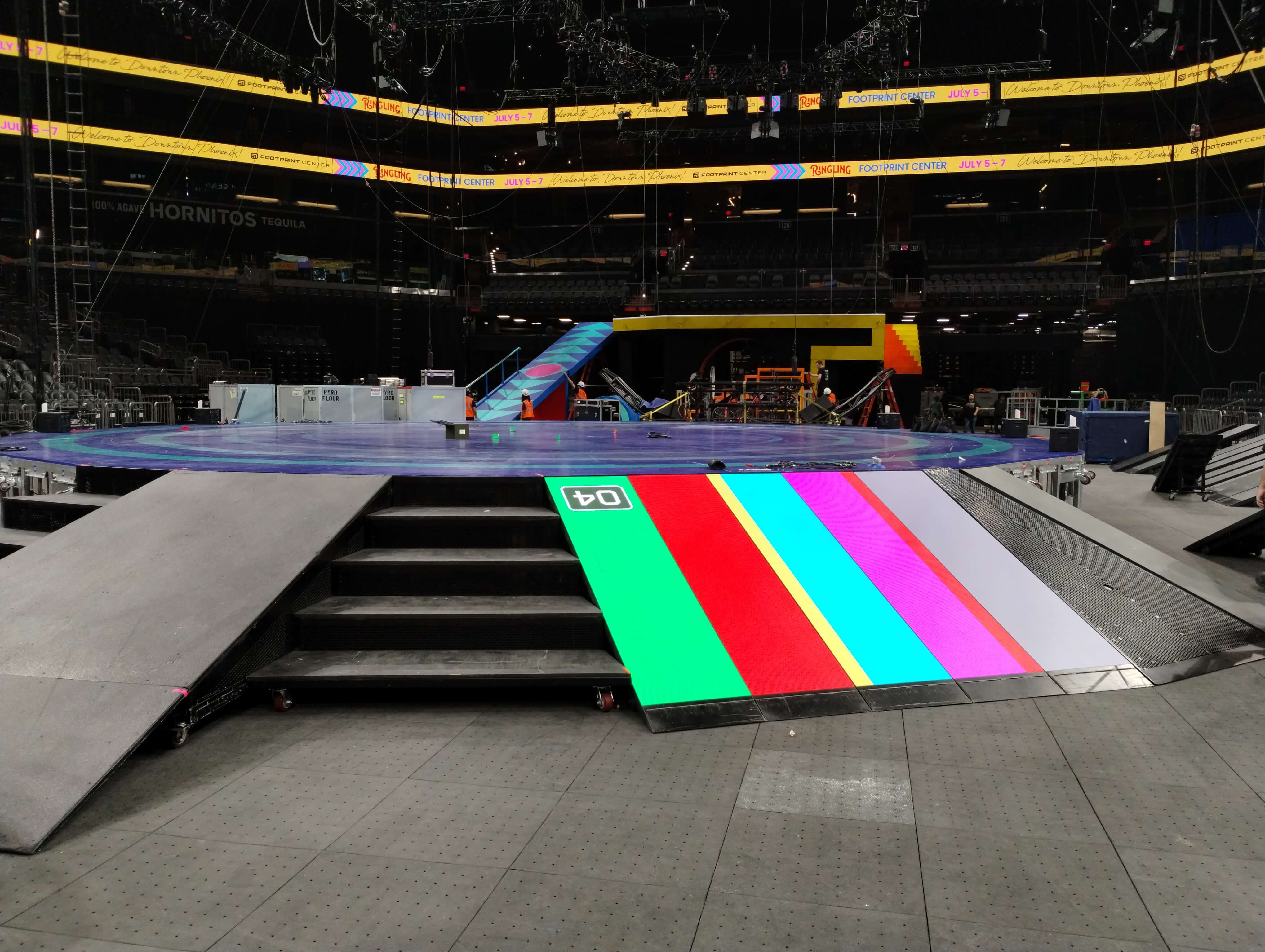 Ringling Bros. arena load-in with circular video-panel elements