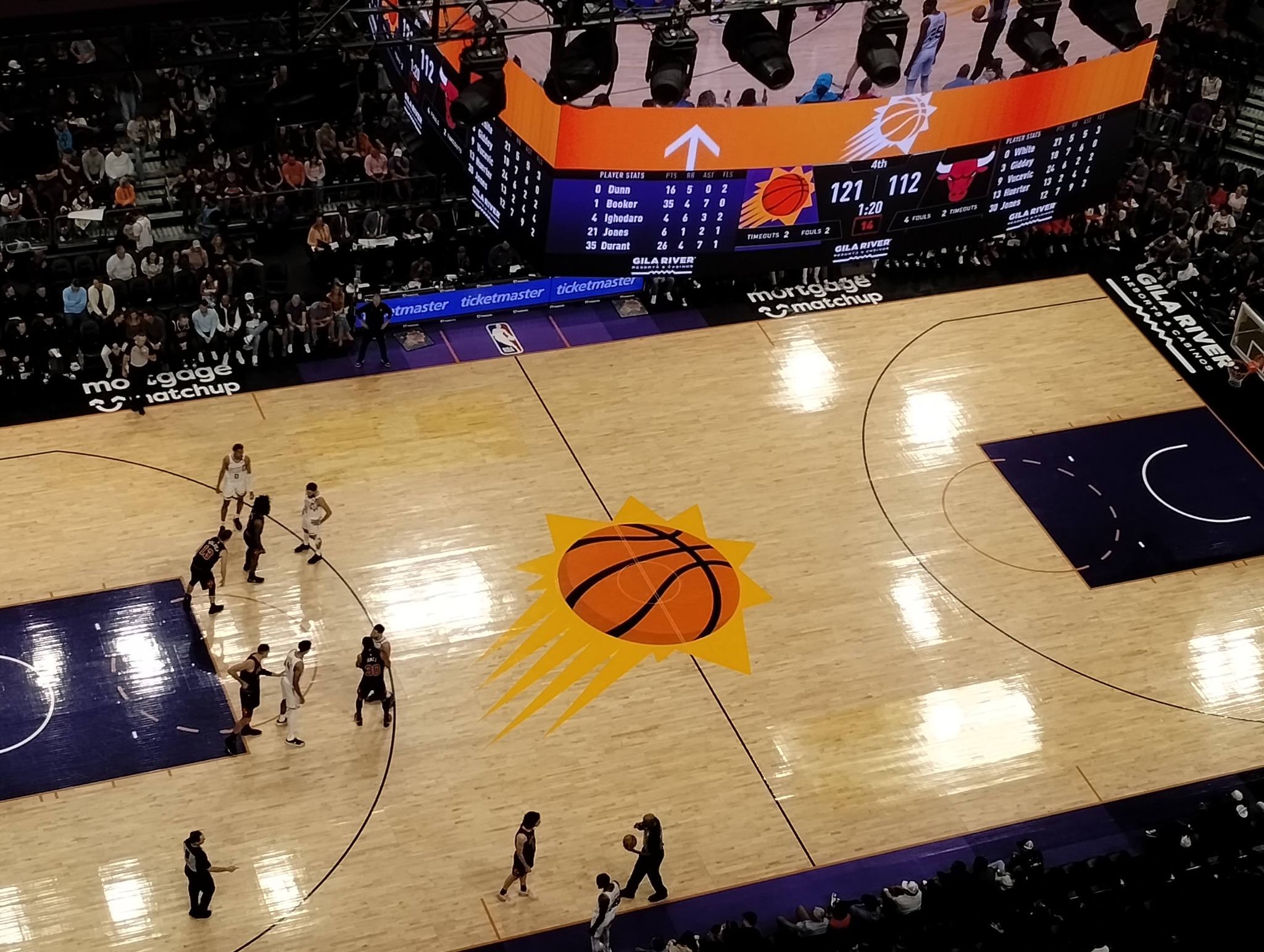 Phoenix Suns basketball game in progress viewed from the spotlight catwalk above Mortgage Matchup Center