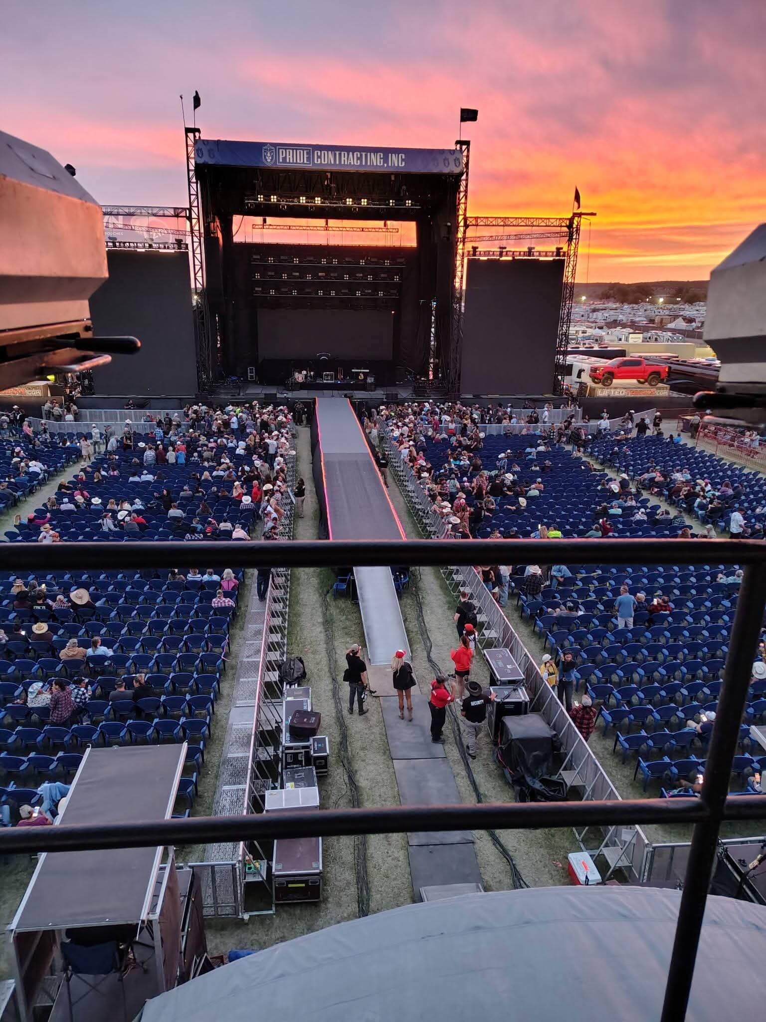 Sunset view from followspot position above an outdoor amphitheater at Country Thunder Florence 2026